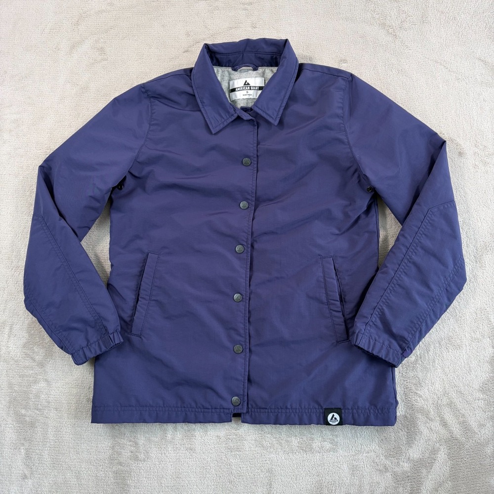 American Giant Coaches Jacket Men Small Blue Nylon Shell Snap Up Lined USA Made